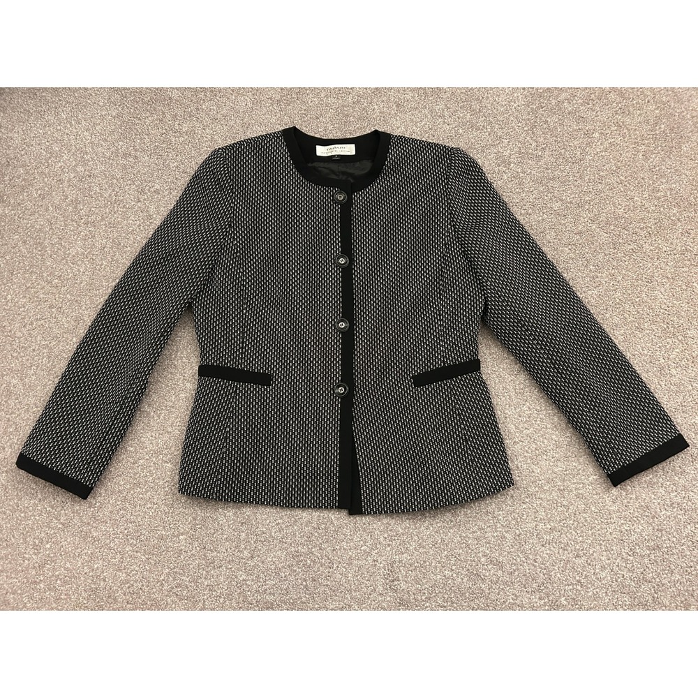 Tahari Arthur S Levine Blazer Womens 12 Black White Textured Button Up Excellent